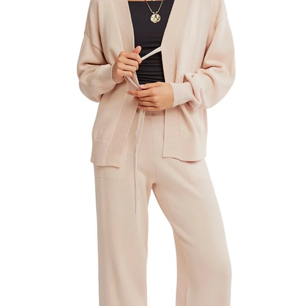 FREE PEOPLE Beach Solar Sweater Cardigan & Pants in Beige Size LARGE